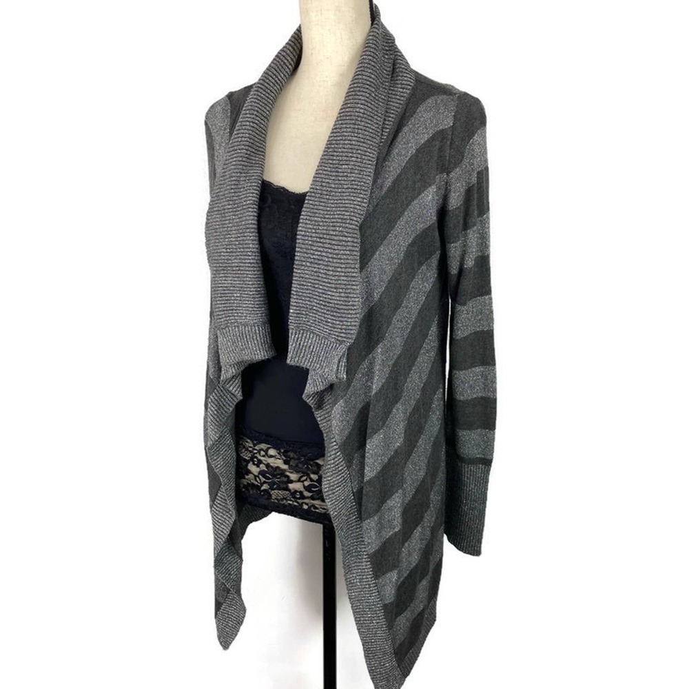 Belldini Waterfall Cardigan Sweater Striped Gray Silver Open Womens Sz Med